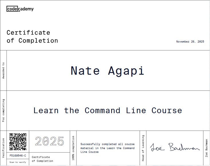 Codecademy Command Line Certificate – Nate Agapi